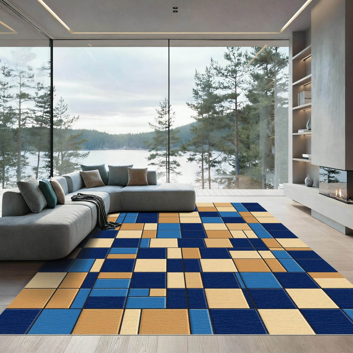 Modern Blue and Sand Geometric Block Rug