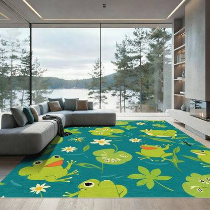 Playful Green Frogs Pond Life Rug