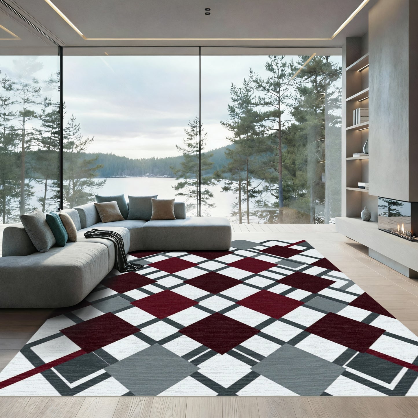 Crimson Gray Diamond Lattice Rug