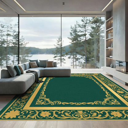 Elegant Emerald Gold Floral Frame Rug
