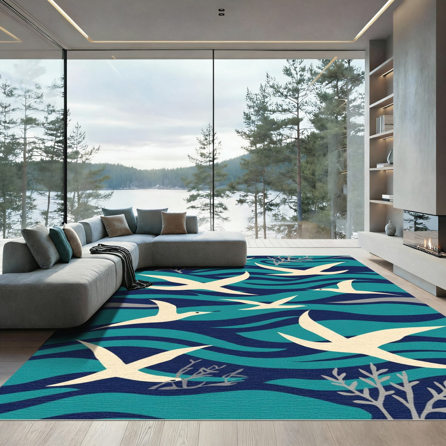 Cream Birds Over Deep Blue Waves Rug