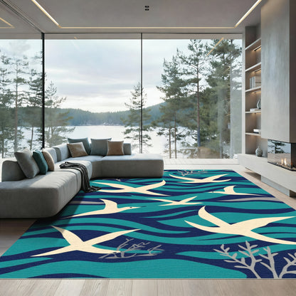Cream Birds Over Deep Blue Waves Rug