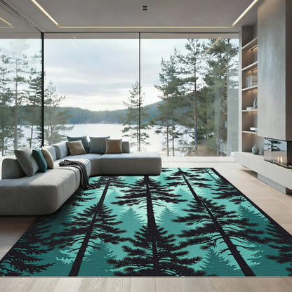 Misty Teal Forest Silhouette Rug
