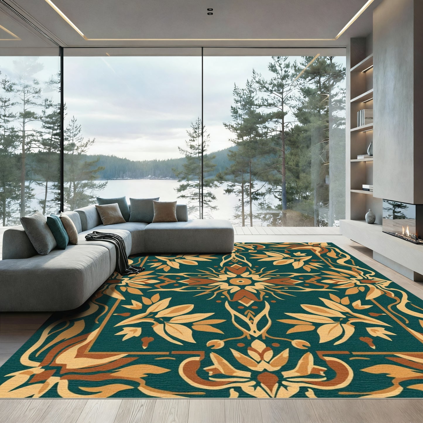 Teal Amber Floral Medallion Arabesque Rug