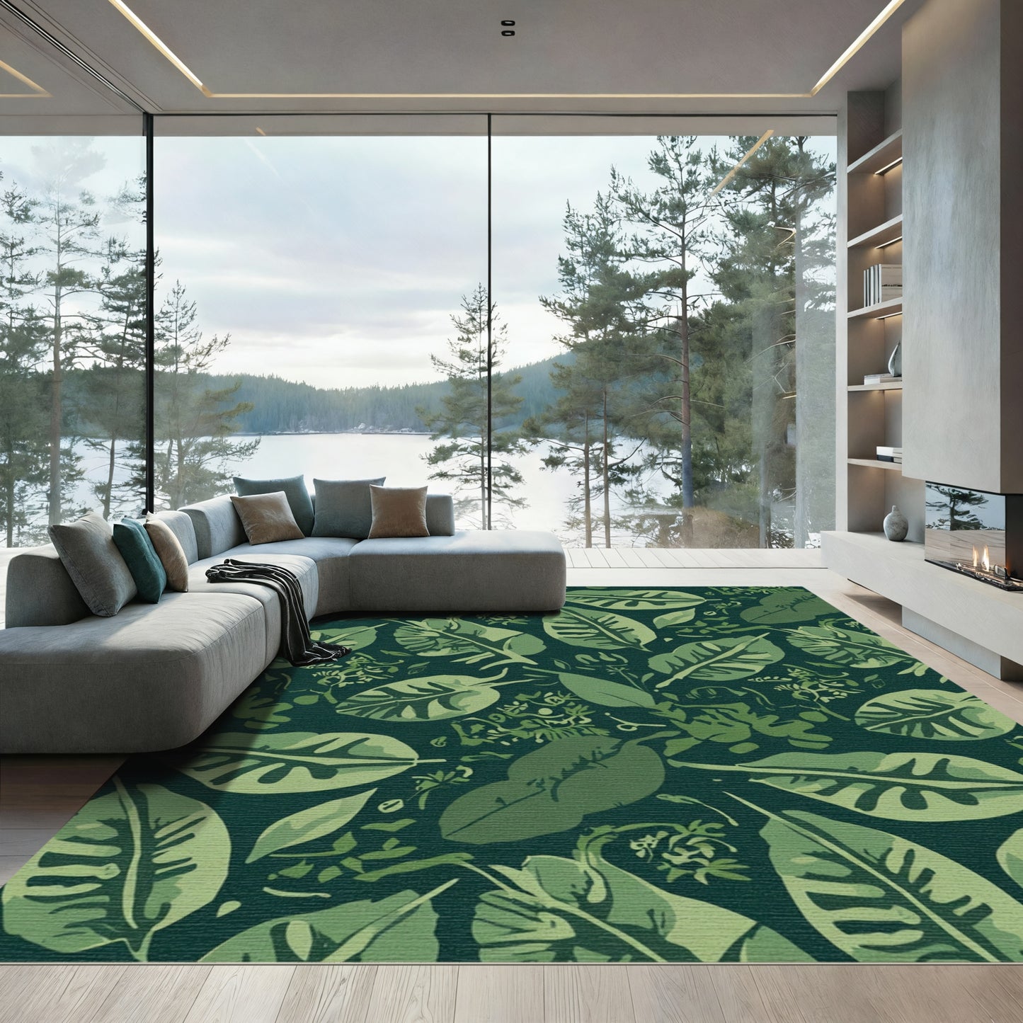 Deep Green Tropical Leaf Collage Rug