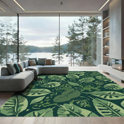Deep Green Tropical Leaf Collage Rug