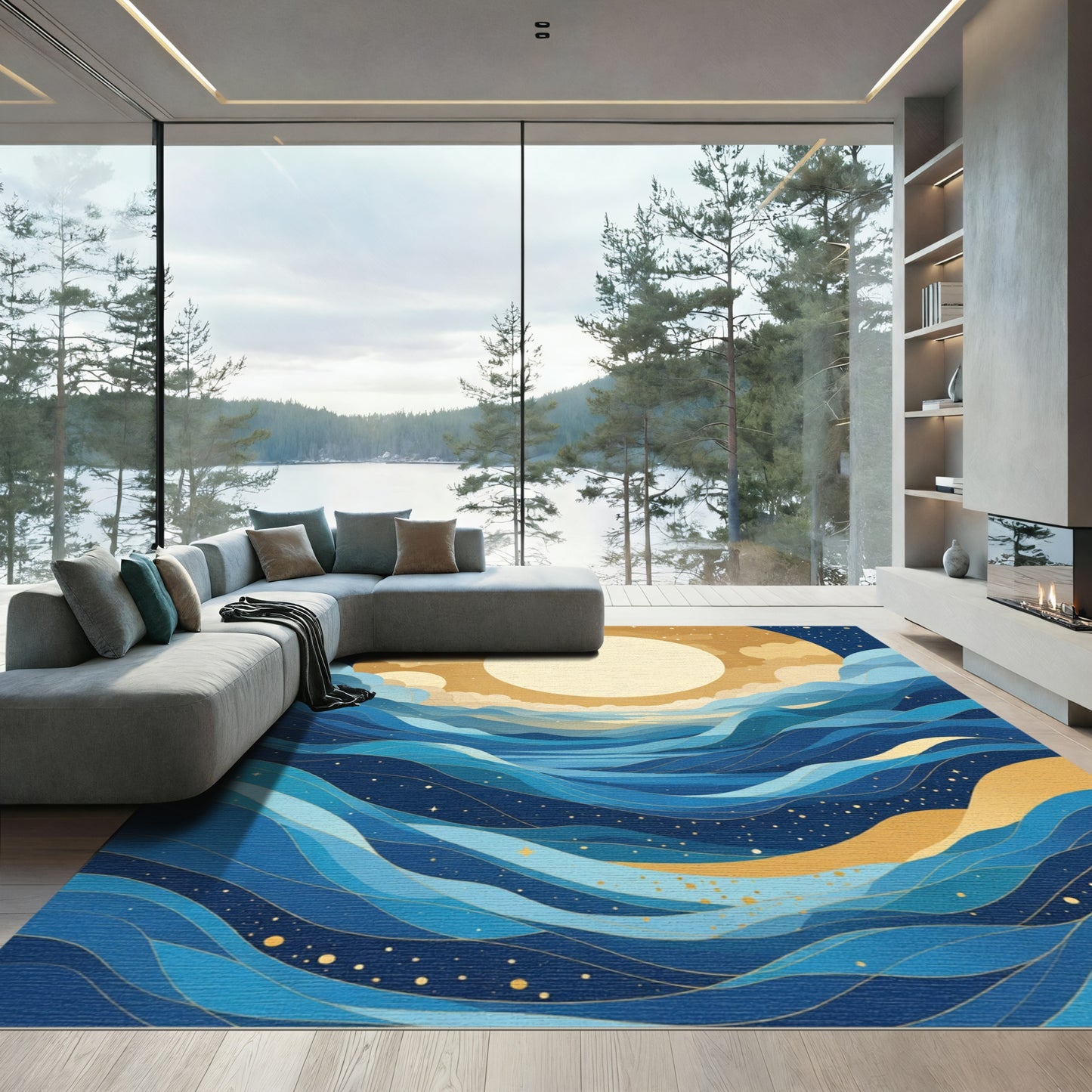 Golden Celestial Ocean Waves Art Rug