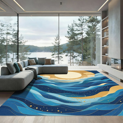 Golden Celestial Ocean Waves Art Rug