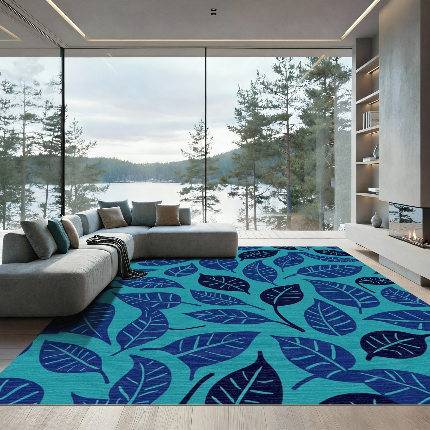 Deep Blue Leafy Teal Scatter Rug