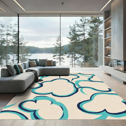 Cream Navy Teal Blob Abstract Rug