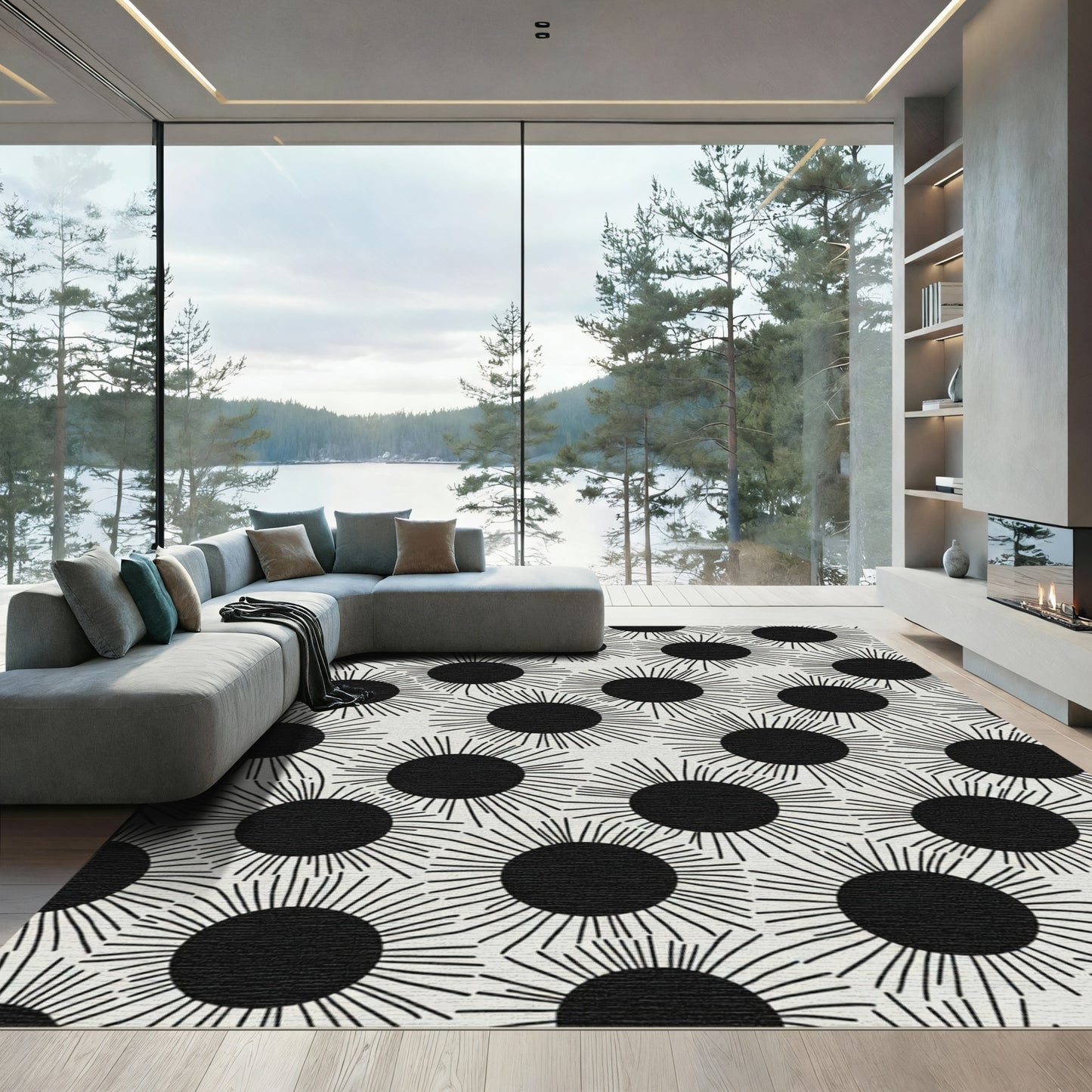 Black White Sunburst Scatter Rug