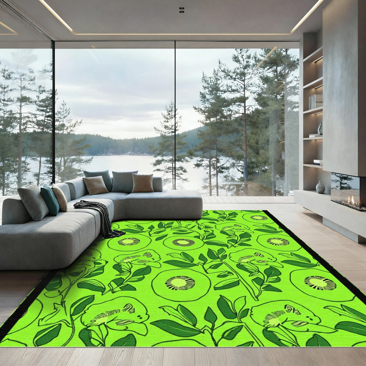 Vibrant Green Kiwi Botanical Collage Rug