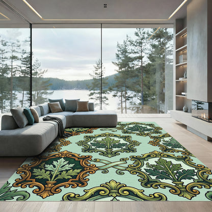 Ornate Green Leaf Scrollwork Rug