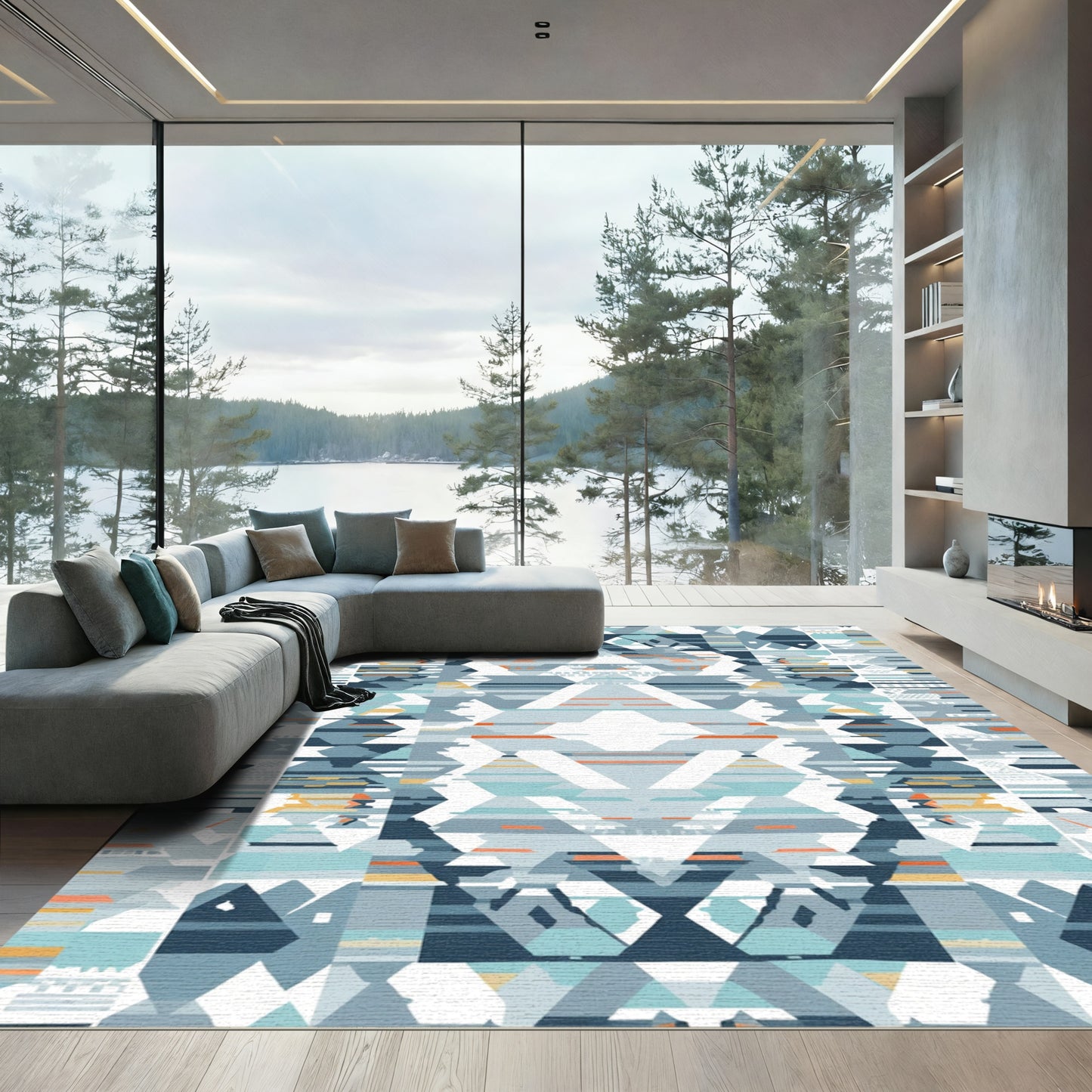 Geometric Teal Orange Tribal Summit Rug