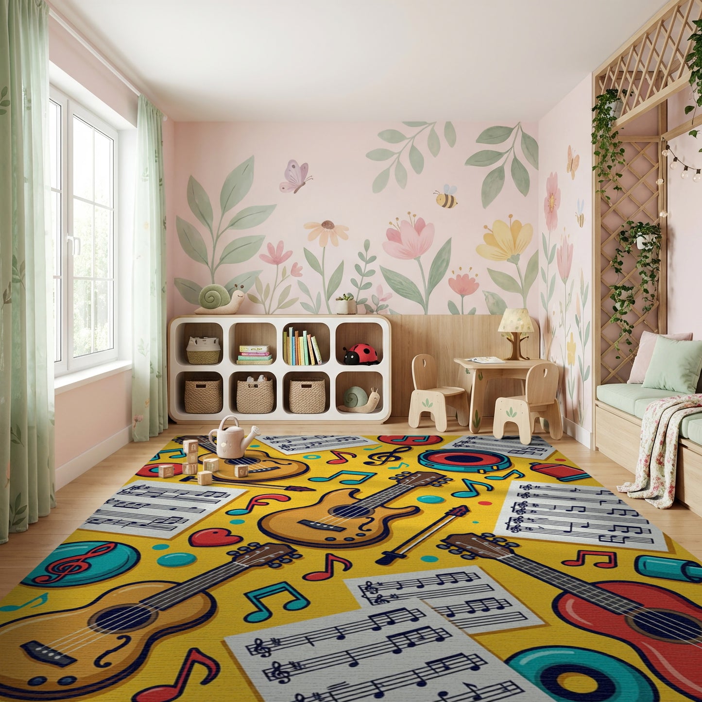 Vibrant Yellow Guitars Music Notes Rug