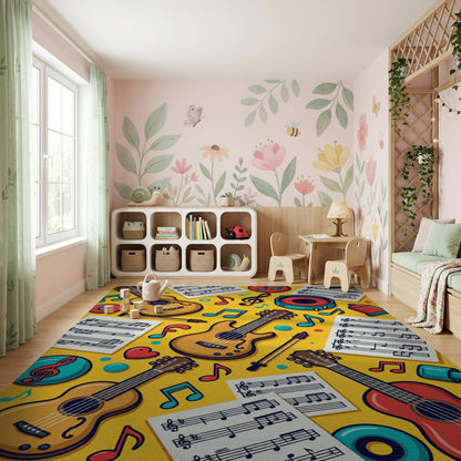 Vibrant Yellow Guitars Music Notes Rug
