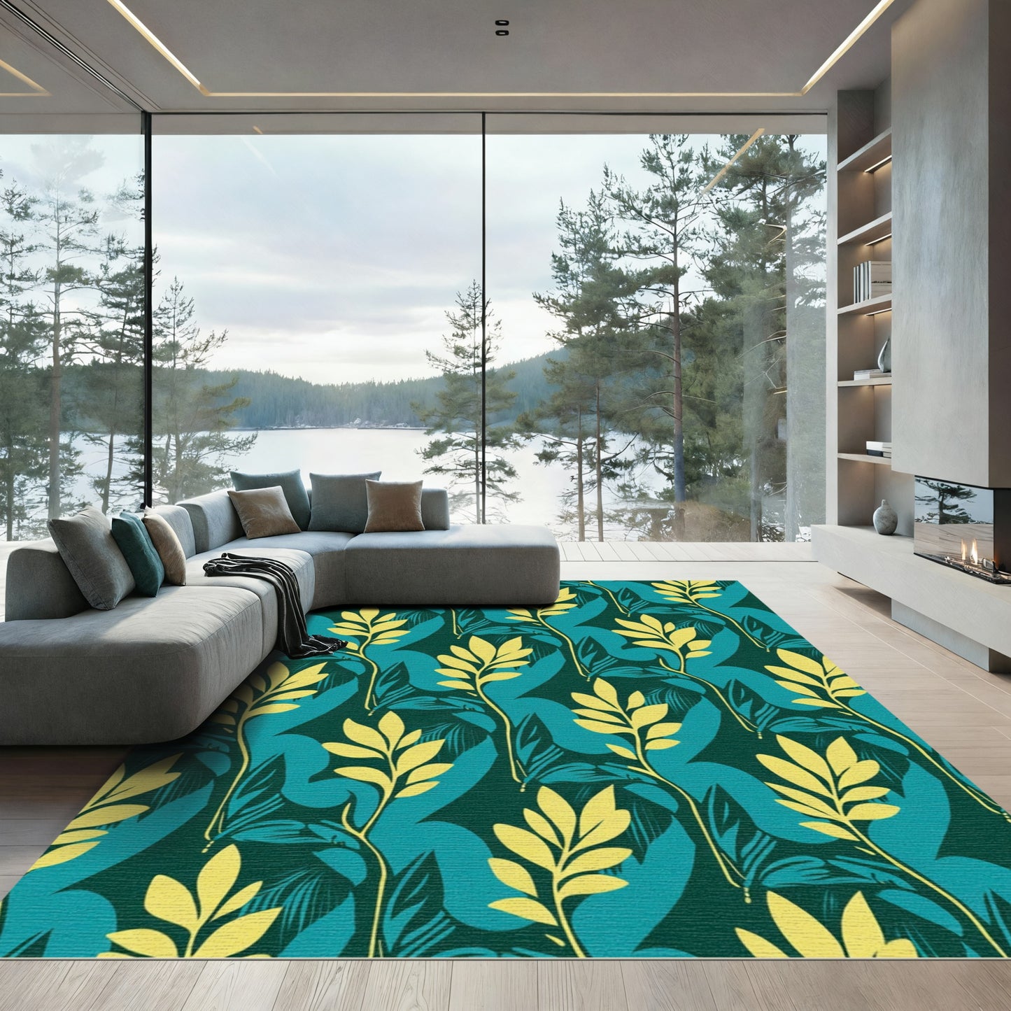 Emerald Teal Yellow Leafy Vine Rug