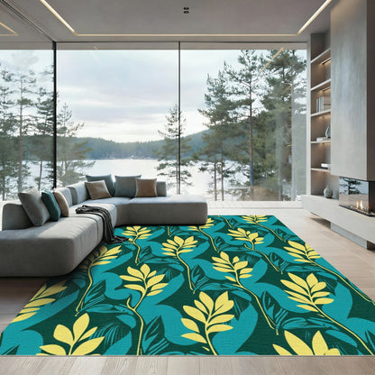 Emerald Teal Yellow Leafy Vine Rug