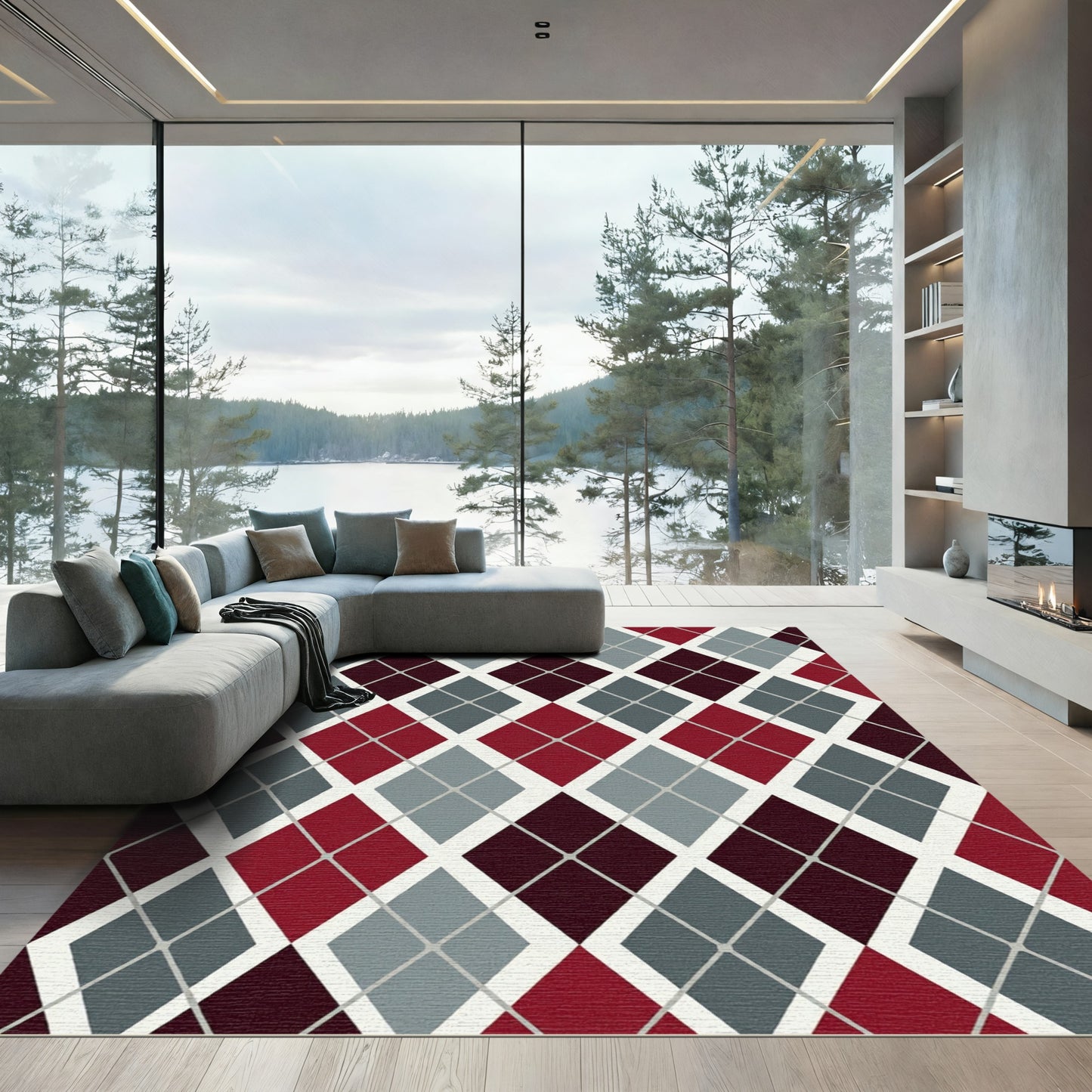 Burgundy Gray Diamond Argyle Rug
