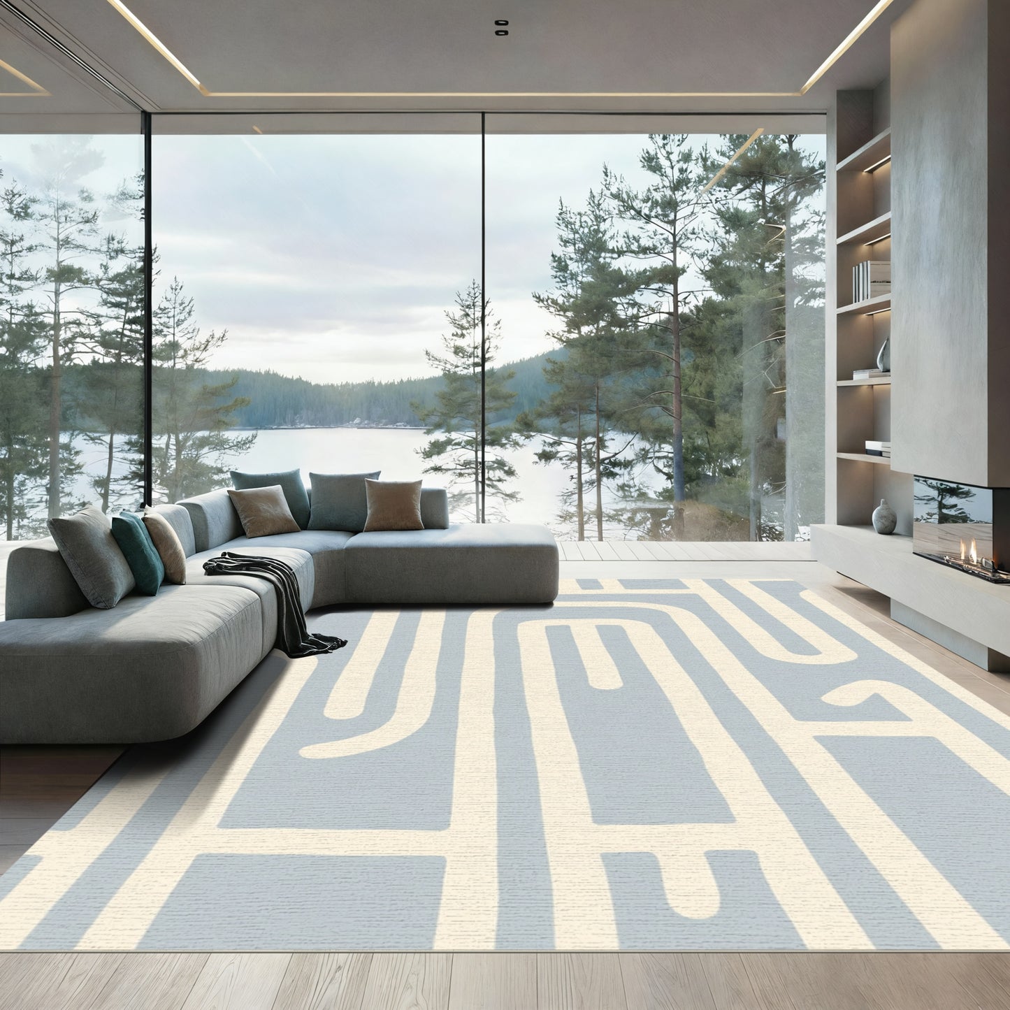 Pale Blue Abstract Line Art Rug