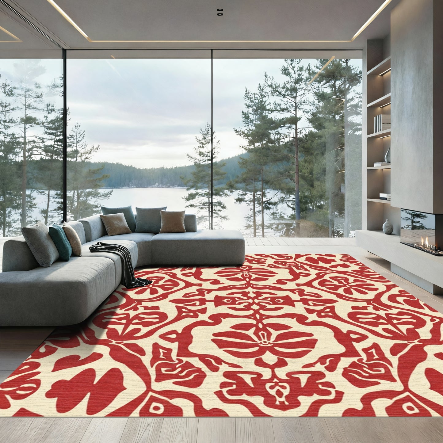 Crimson Ivory Damask Floral Rug