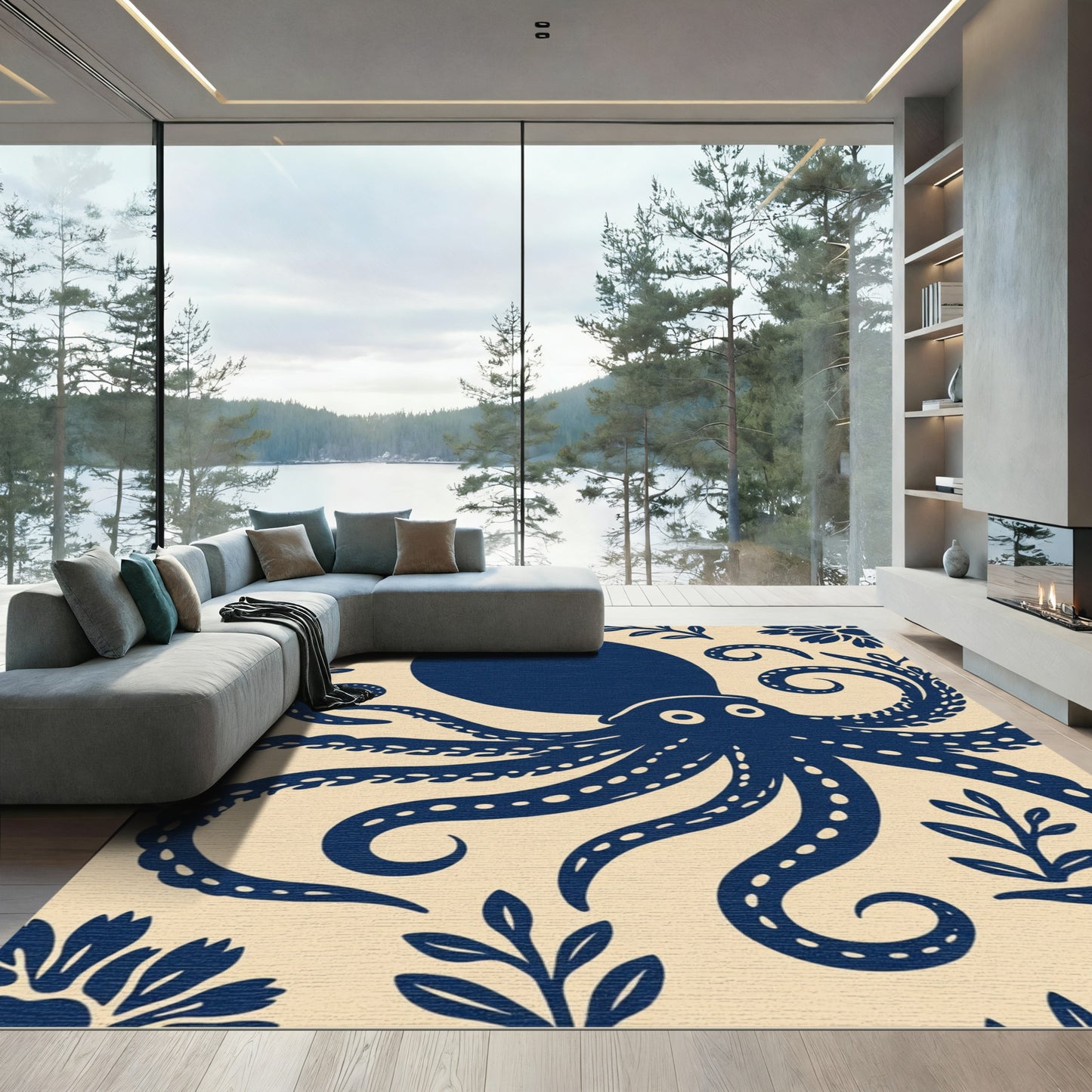 Navy Blue Octopus Floral Border Rug