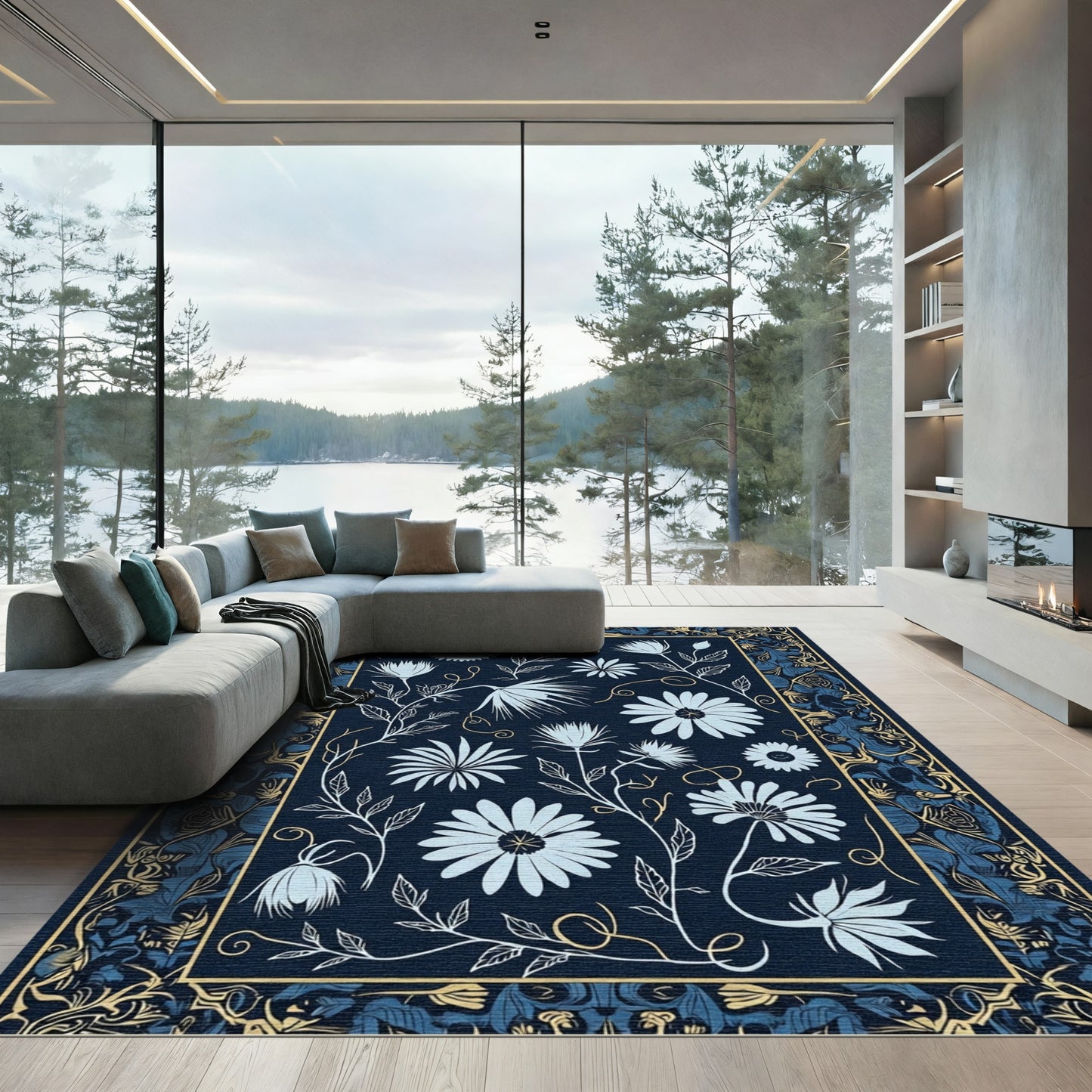 Midnight Blue Floral Garden Arrangement Rug