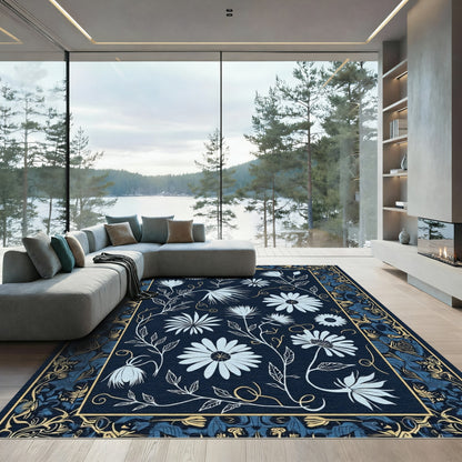 Midnight Blue Floral Garden Arrangement Rug