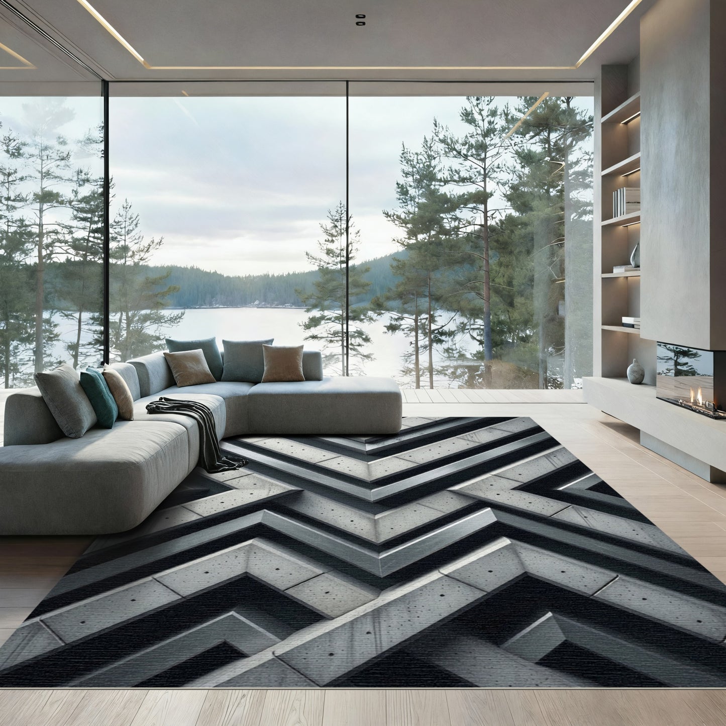 Monochromatic Geometric Concrete Chevron Rug