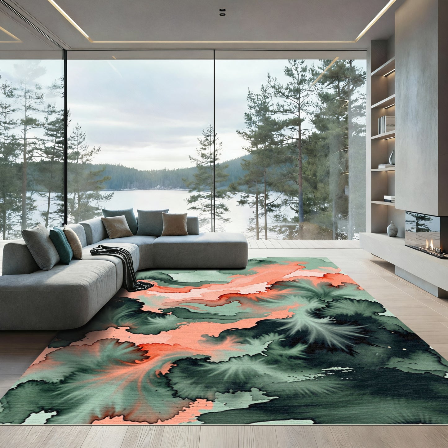 Coral and Sage Abstract Fluid Swirl Rug