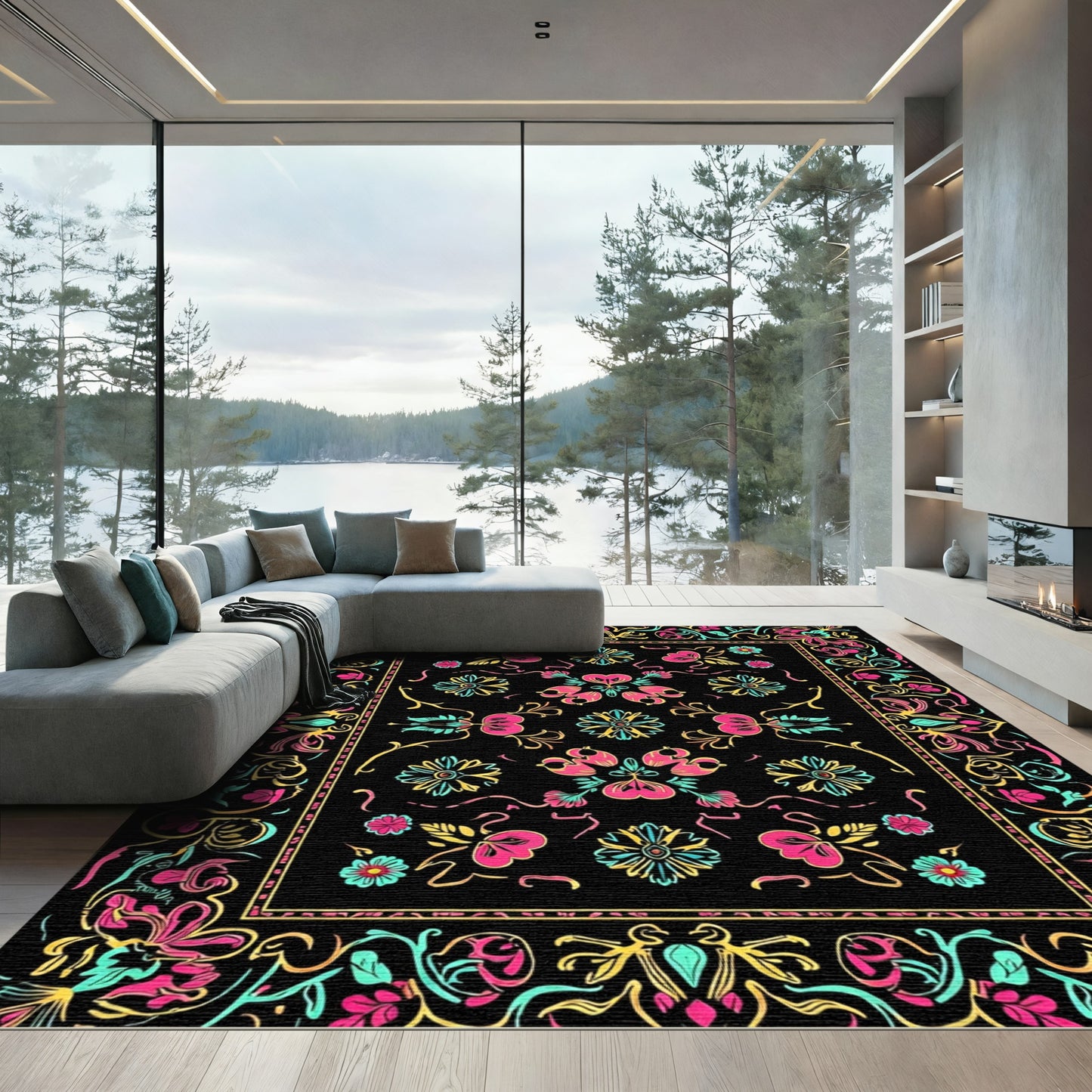 Vibrant Neon Floral Bordered Garden Rug