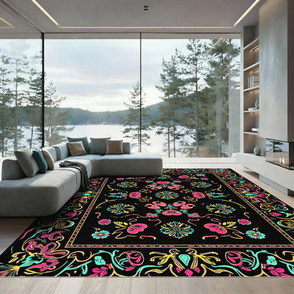 Vibrant Neon Floral Bordered Garden Rug