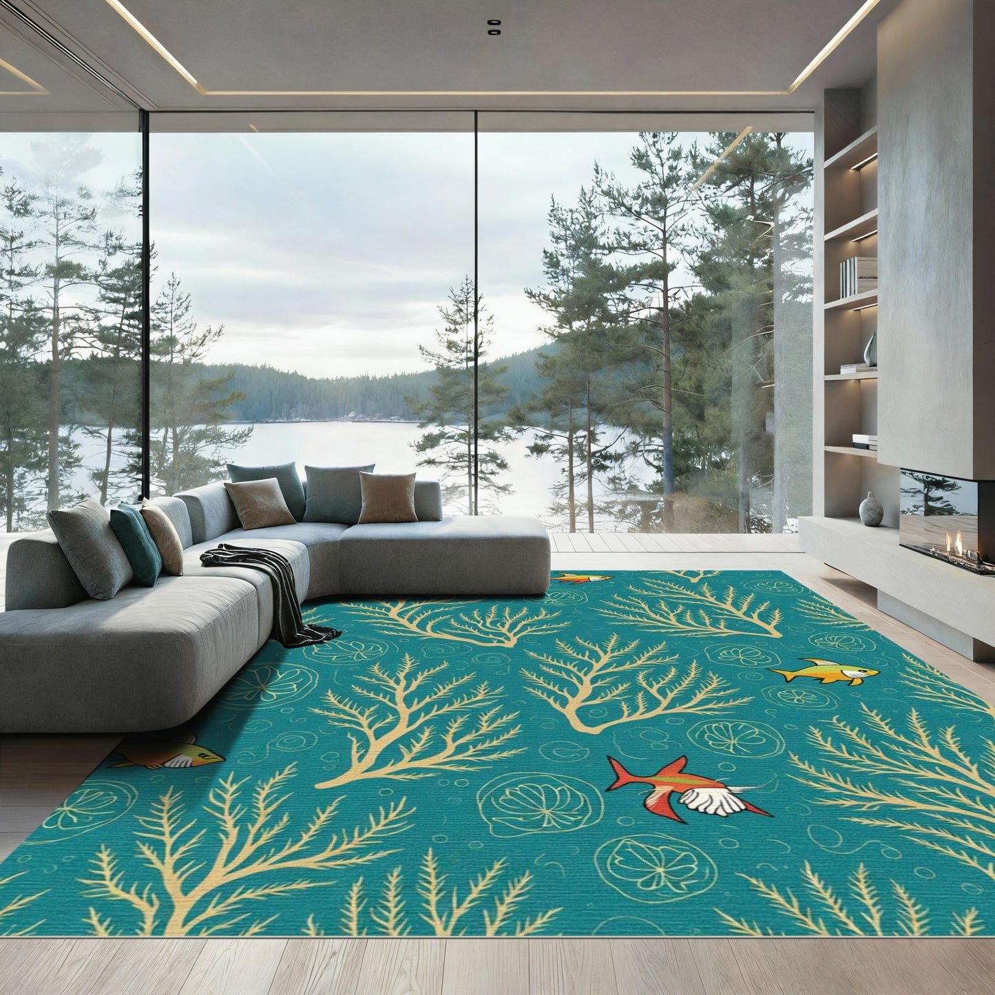 Golden Seaweed Fish Coral Illustration Rug