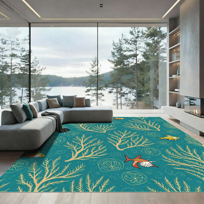 Golden Seaweed Fish Coral Illustration Rug