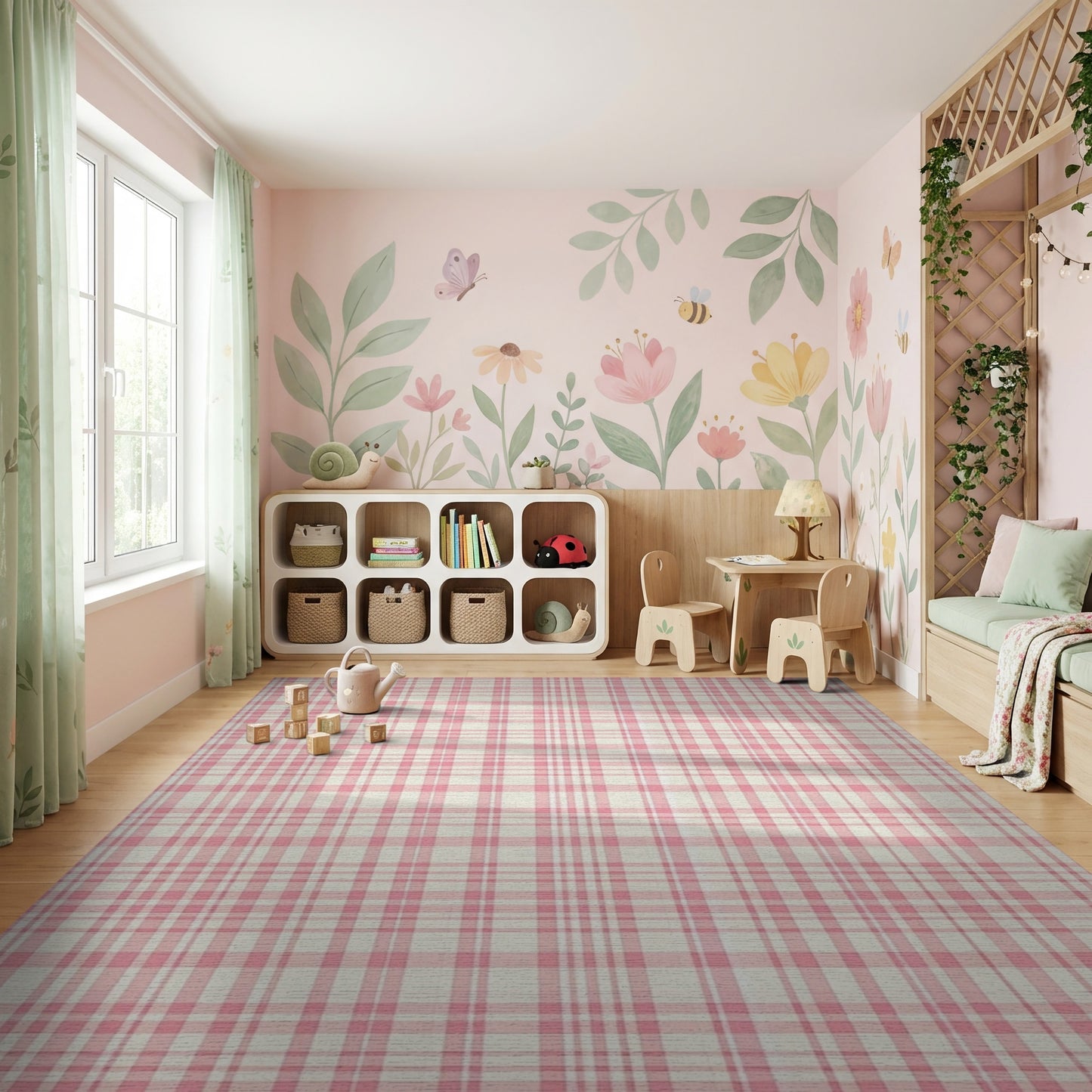 Pink White Gingham Check Rug