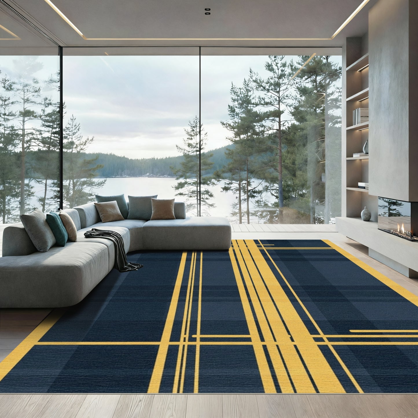 Gold Yellow Lines Dark Blue Plaid Rug