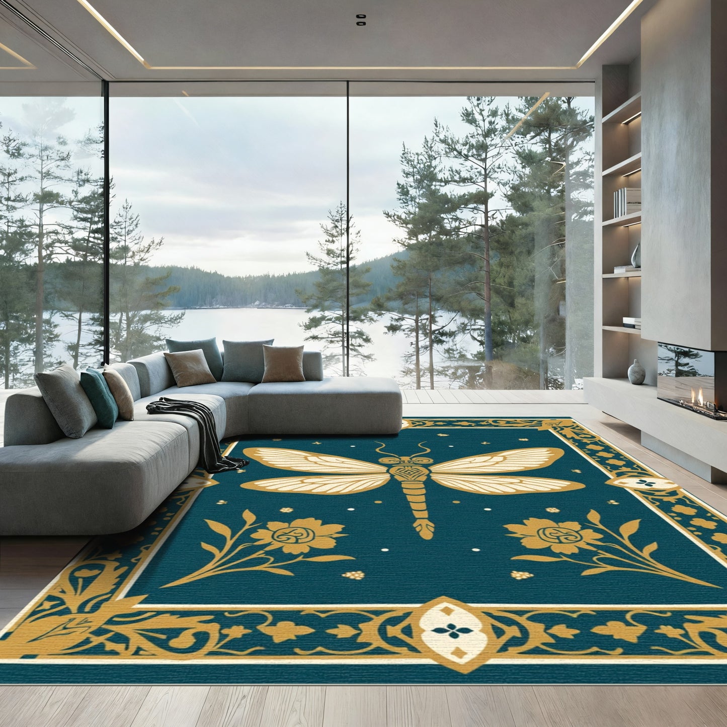 Golden Dragonfly Teal Floral Border Rug