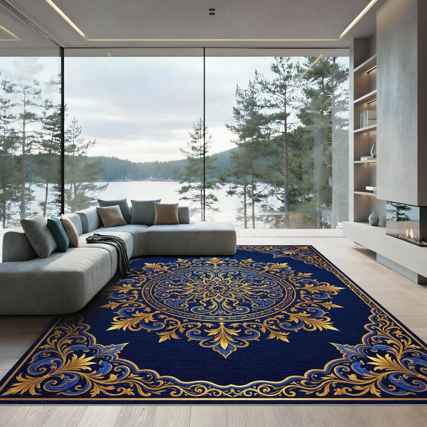 Deep Blue Golden Ornate Medallion Rug