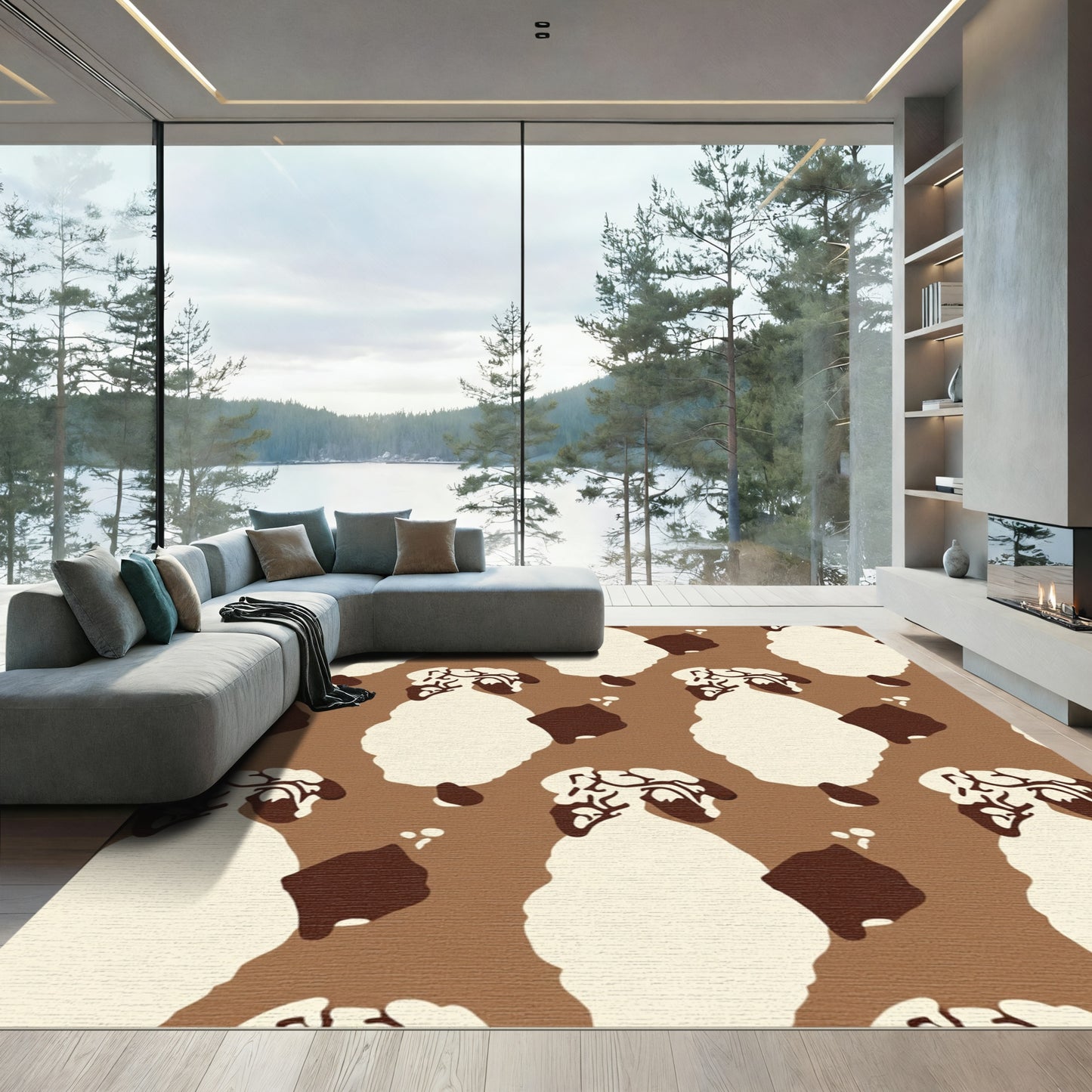 Brown Cream White Abstract Sheep Rug