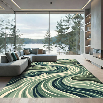 Sage and Olive Flowing Abstract Swirls Rug