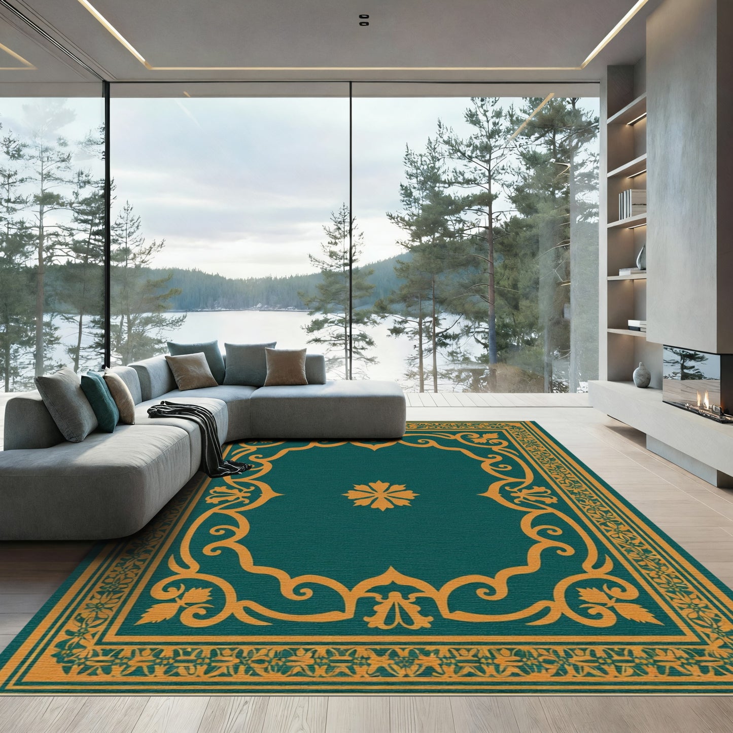 Ornate Teal Golden Floral Border Rug