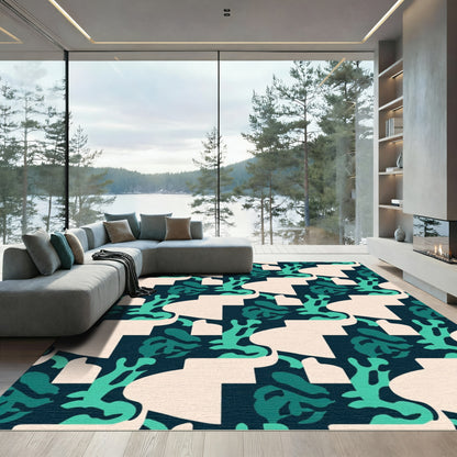 Deep Teal Abstract Organic Shapes Rug