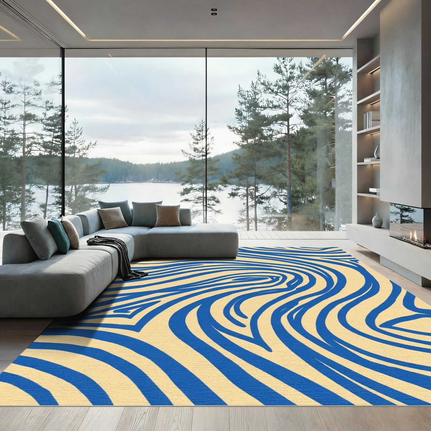 Blue Ink Swirl On Cream Ground Rug