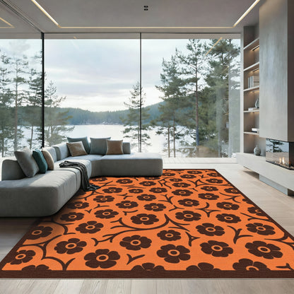 Whimsical Brown Floral on Orange Background Rug