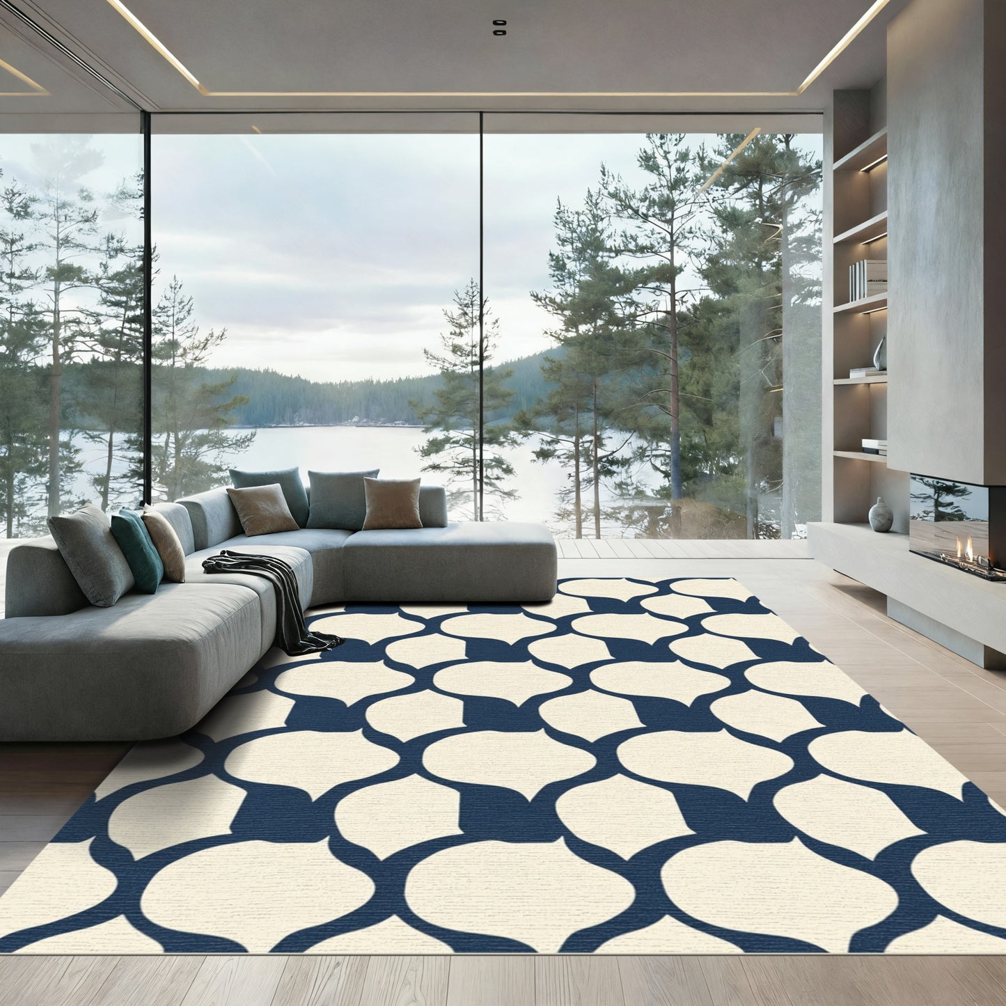Dark Blue Cream Quatrefoil Lattice Rug