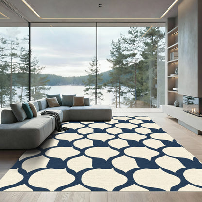 Dark Blue Cream Quatrefoil Lattice Rug