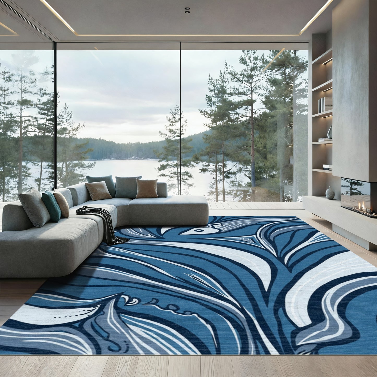 Navy Blue Abstract Whimsical Fish Rug