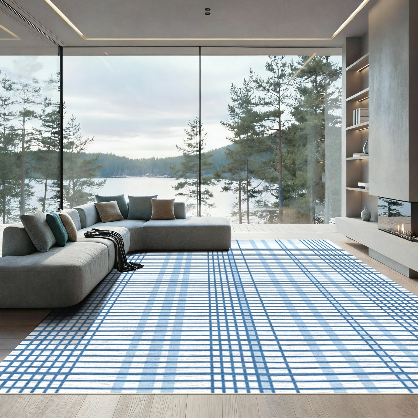 Blue Traditional Plaid Grid Rug