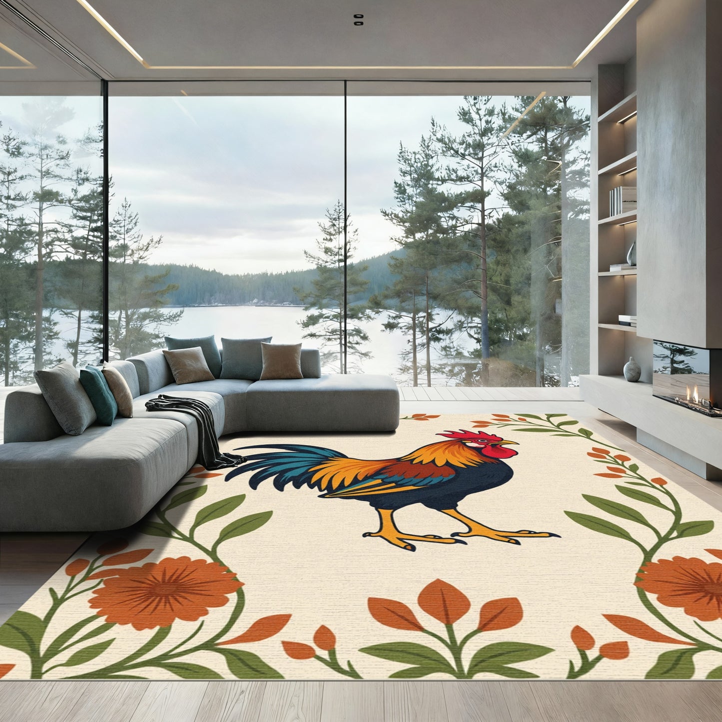 Vibrant Rooster Floral Border Rug