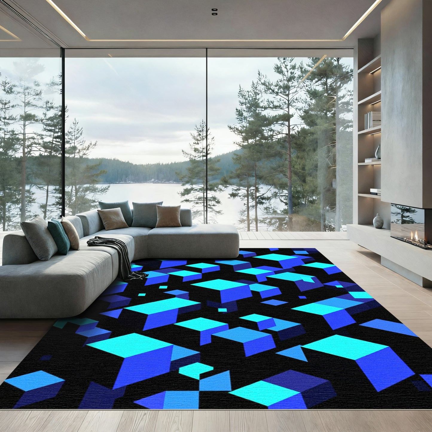 Electric Blue Geometric Floating Cubes Abstract Rug